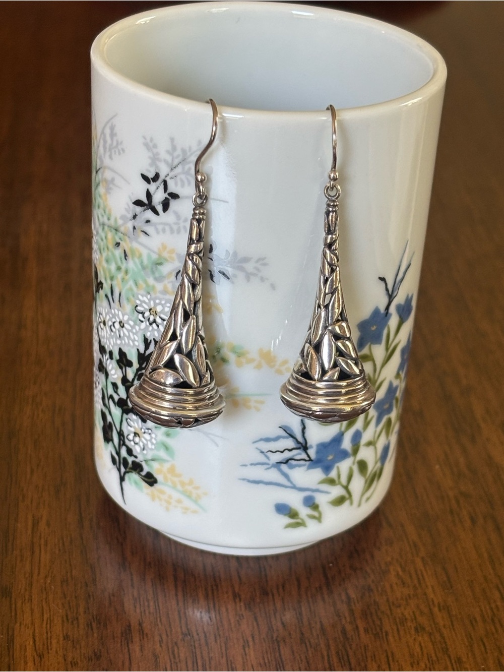 Sterling Silver Textured Drop Earrings - Sculpted Cone Design - Picture 2 of 3